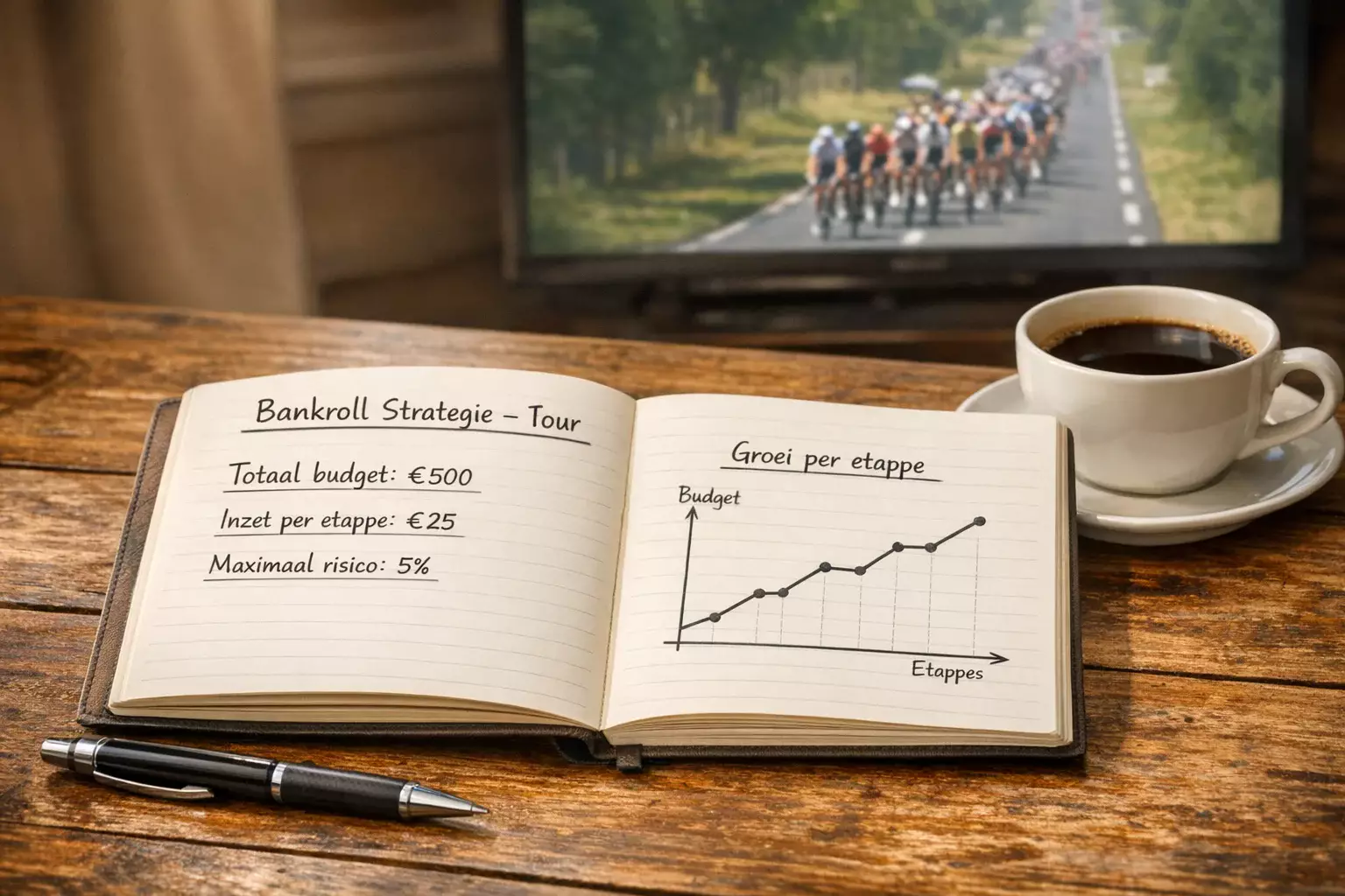Notitieboek met wedstrategie naast een wielrenkoers op de achtergrond