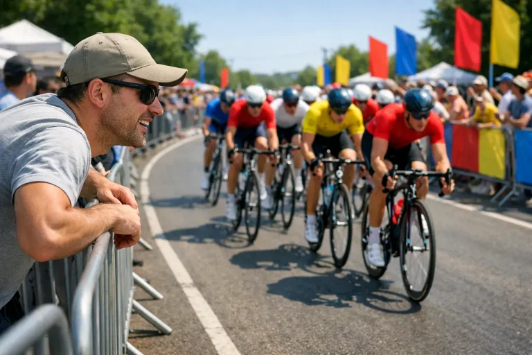 Toeschouwer kijkt gefascineerd naar een wielrenpeloton tijdens de Tour de France