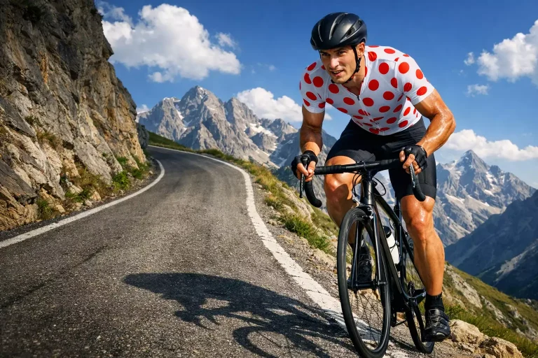 Klimmer in de bolletjestrui op een steile col in de Alpen tijdens de Tour de France