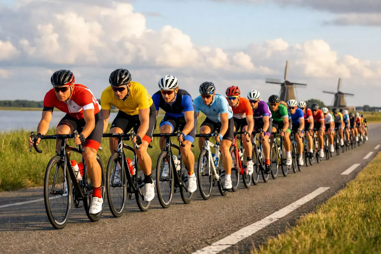 Wielrenpeloton passeert een Nederlands landschap met molens en groene weilanden