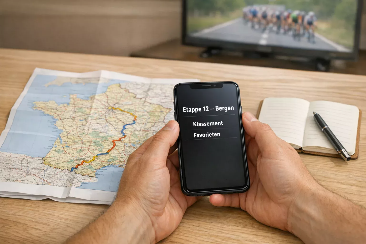 Close-up van een smartphone met wielrenweddenschappen naast een Tour de France etappekaart