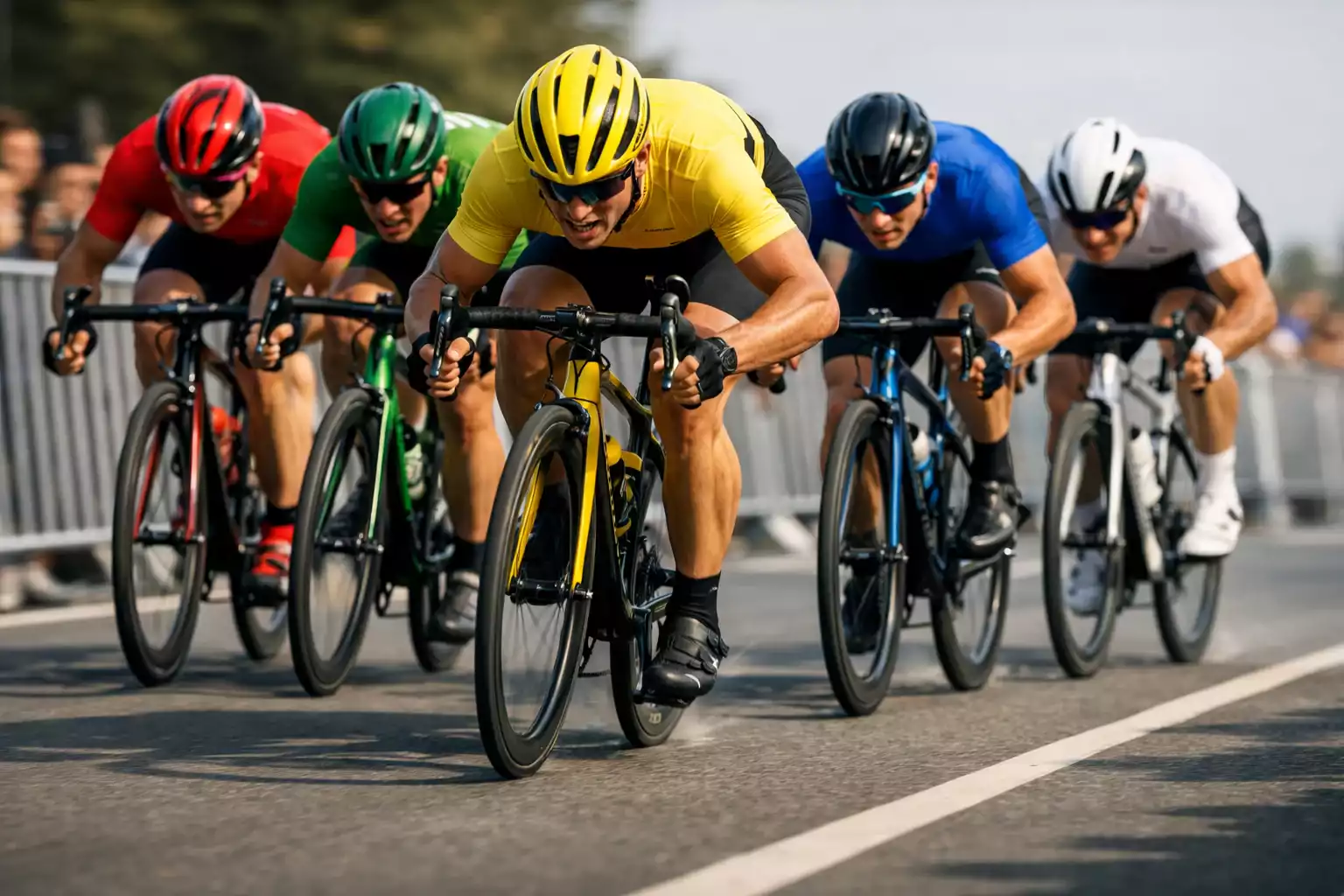 Sprintfinish van een vlakke etappe in de Tour de France met wielrenners op hoge snelheid
