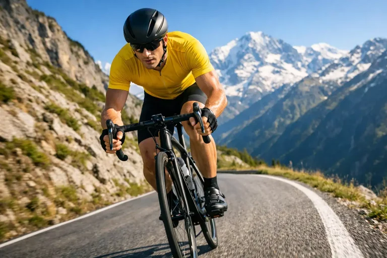 Wielrenner in de gele trui leidt het peloton tijdens een bergetappe van de Tour de France