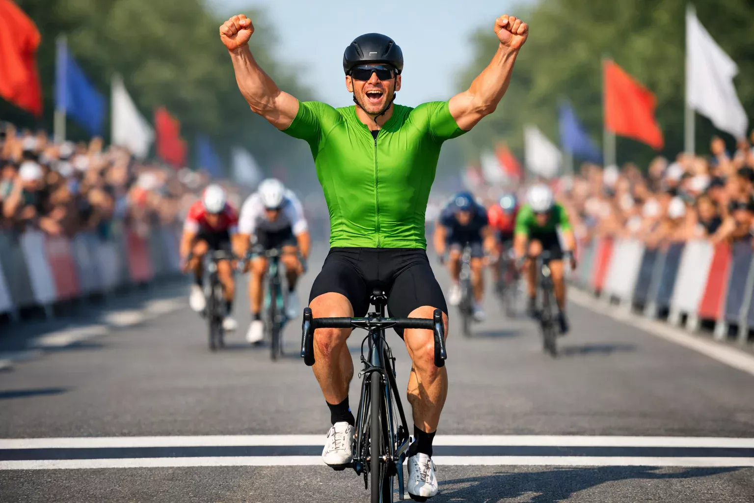 Sprinter in de groene trui sprint naar de finish tijdens een vlakke etappe van de Tour de France