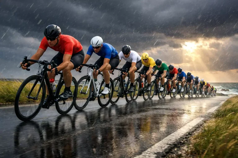 Wielrenners rijden door regen en wind tijdens een bergetappe van de Tour de France