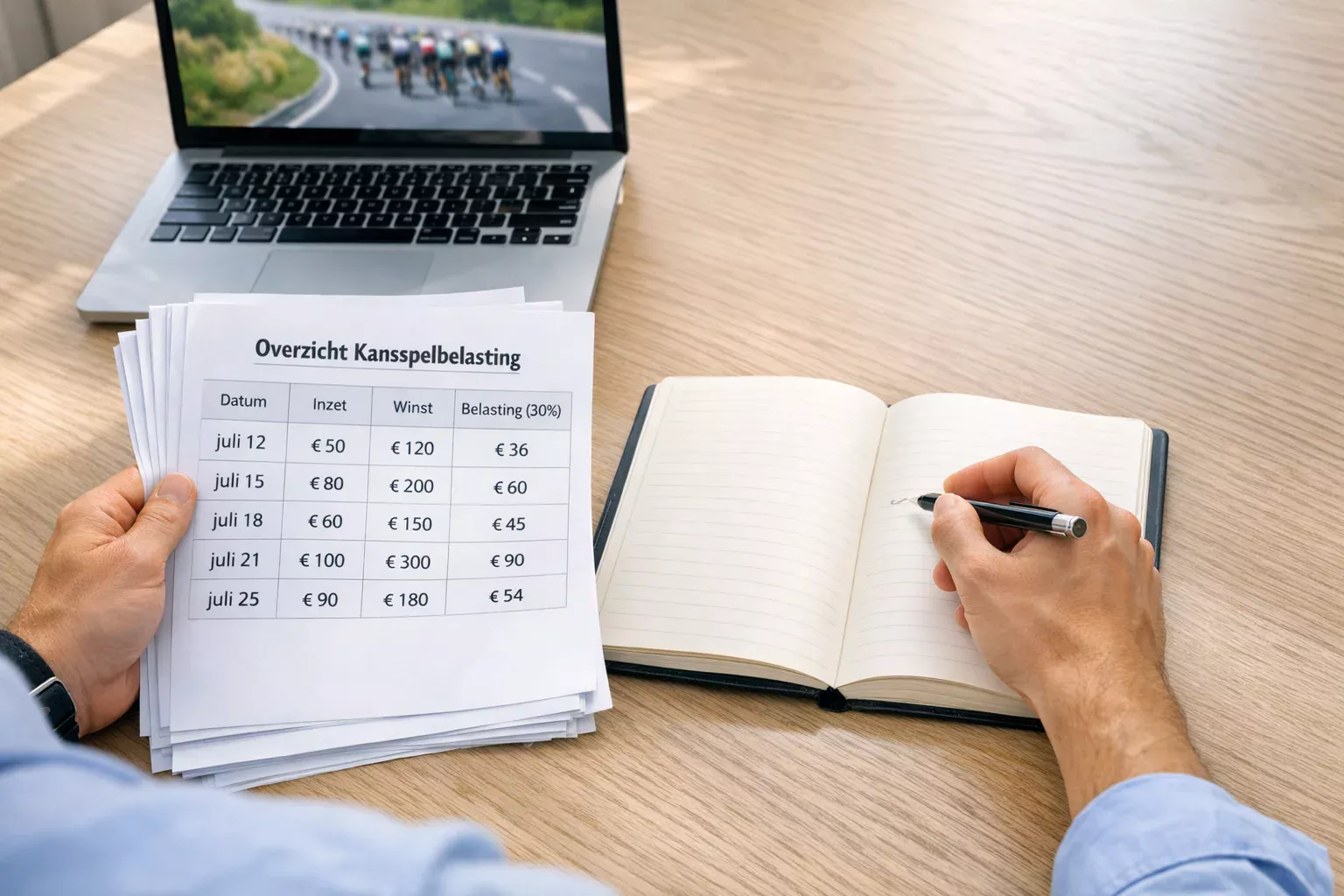 Persoon bestudeert financiële documenten aan een bureau met een wielrenkoers op de achtergrond