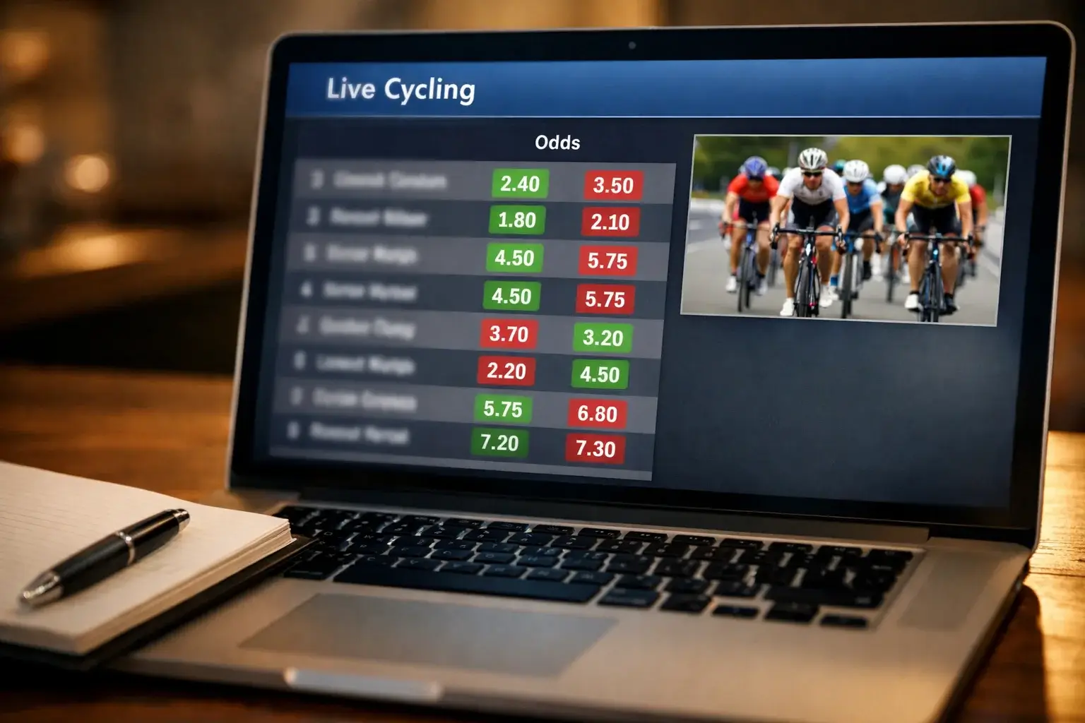 Laptop scherm toont live odds die veranderen tijdens wielerwedstrijd