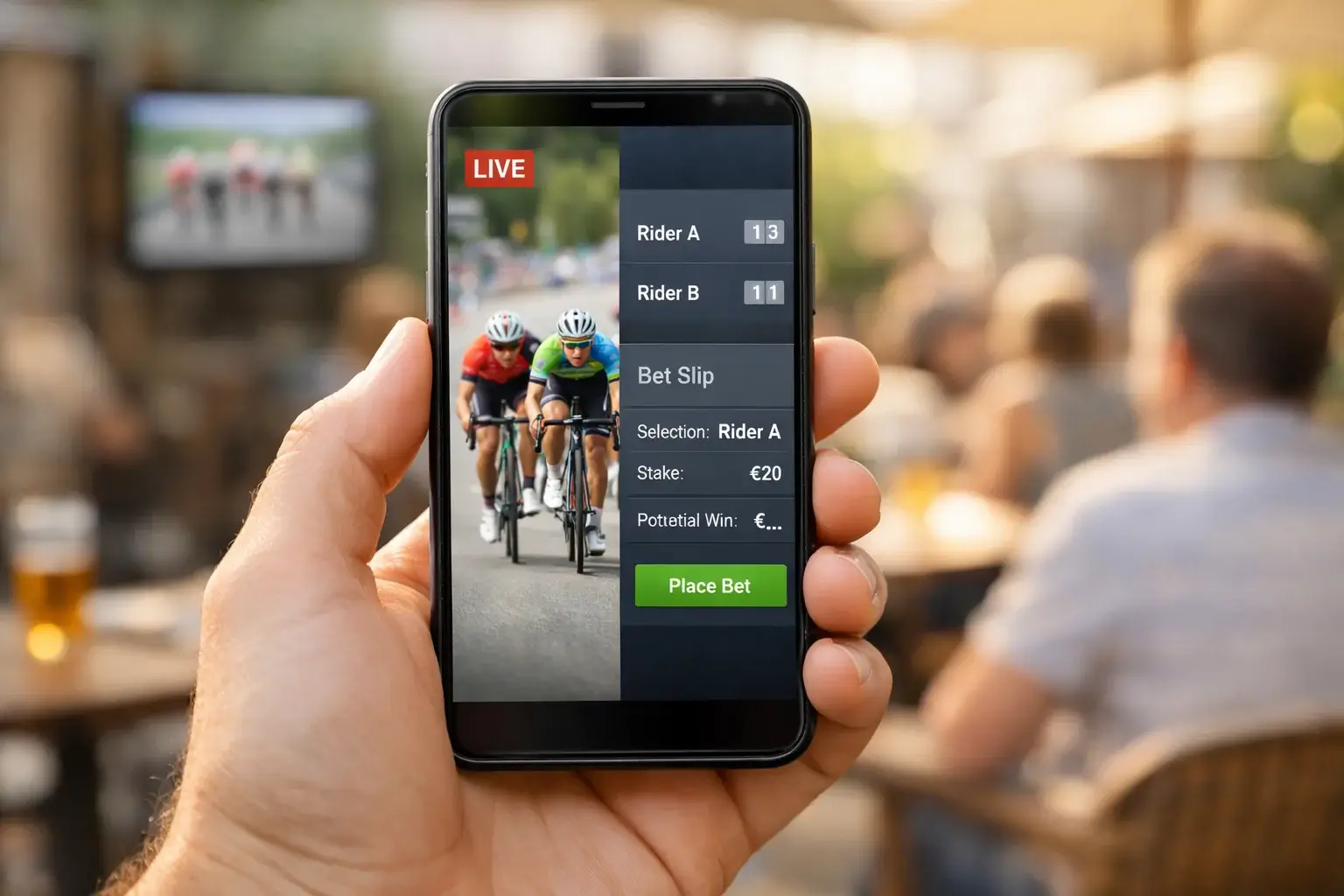 Smartphone met wielrennen livestream en wedinterface