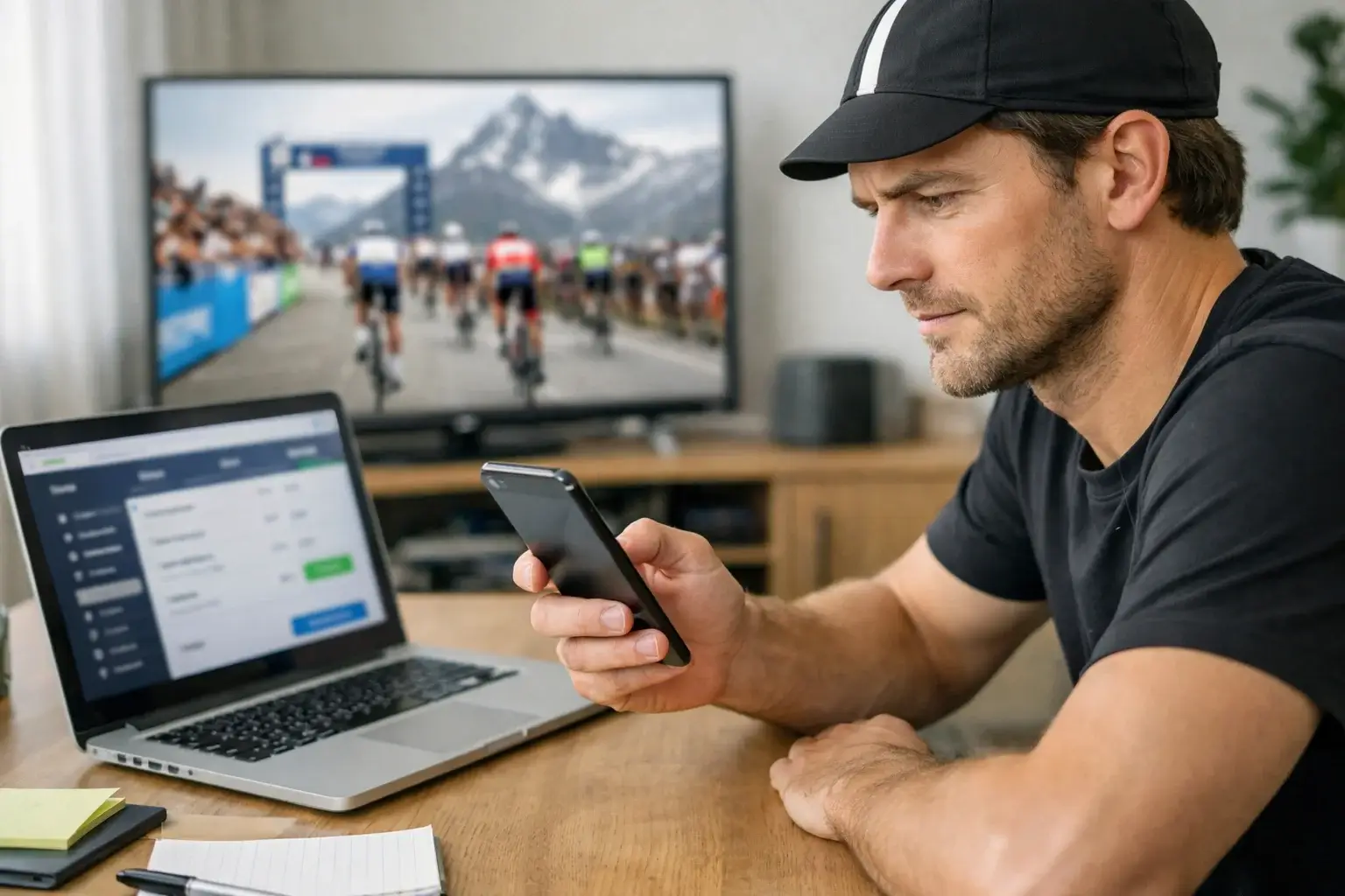 Geconcentreerde wielrenfan maakt live weddenschap tijdens bergfinish