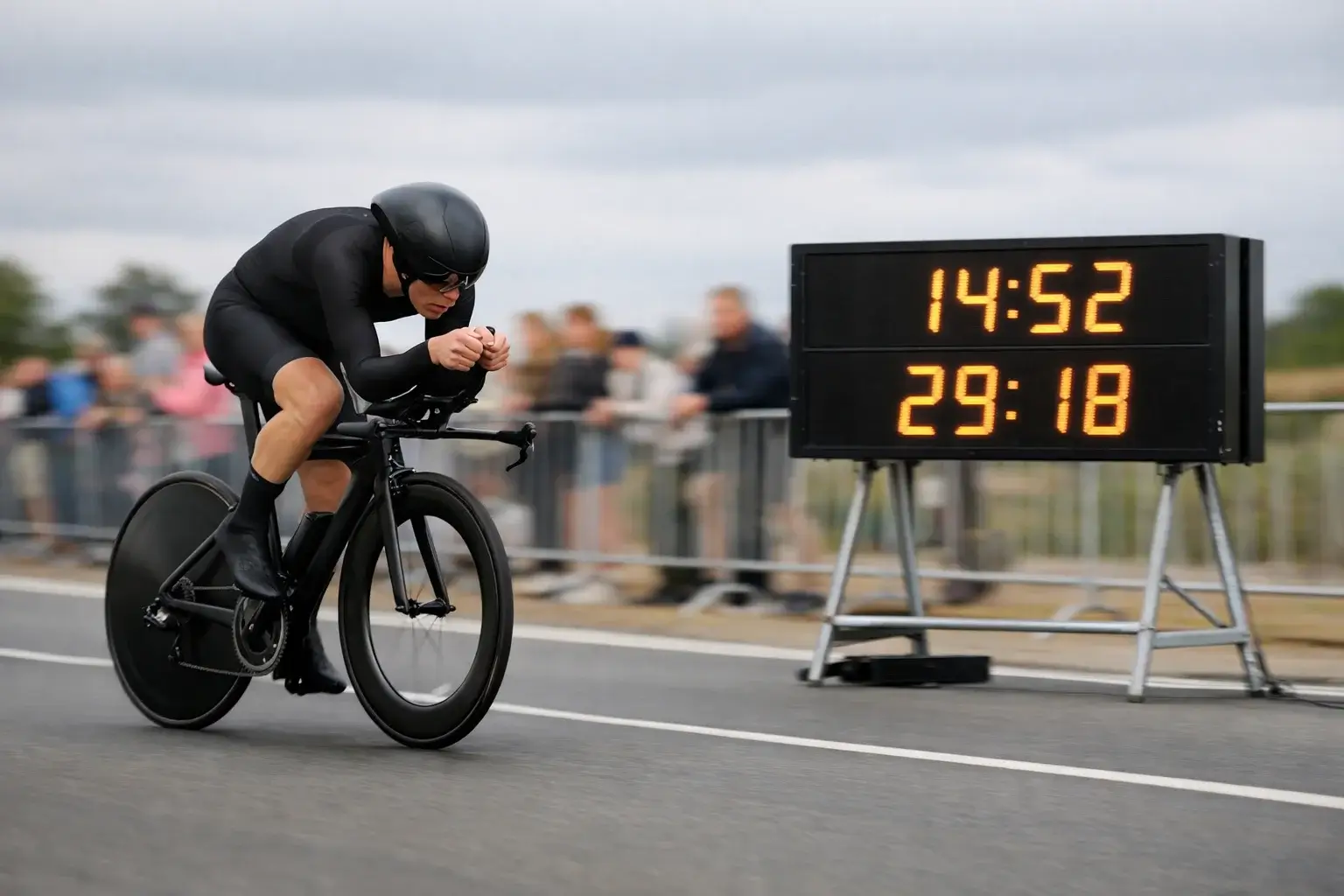 Wielrenner op tijdritfiets passeert meetpunt met tussentijd
