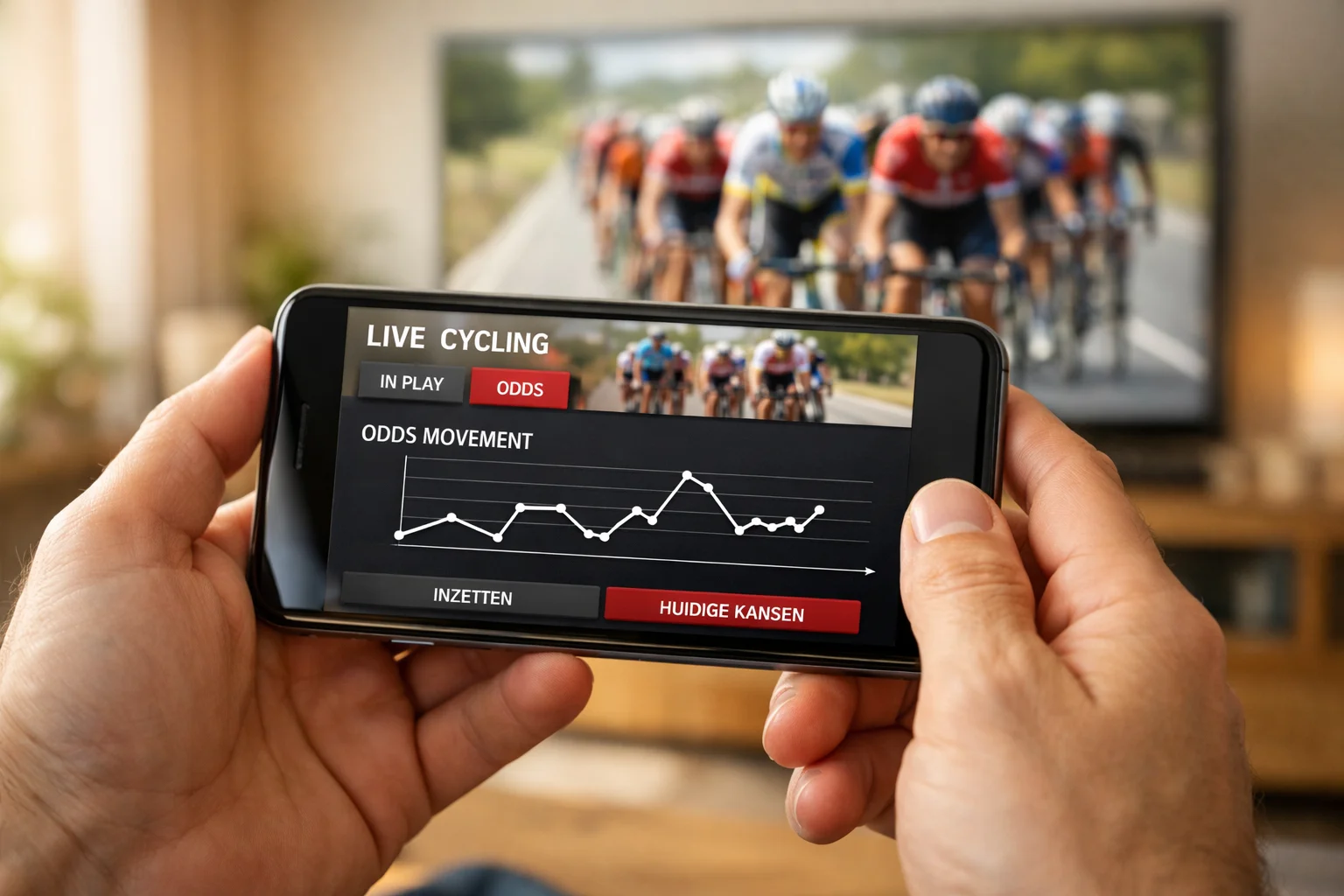 Persoon volgt live wielerwedstrijd op smartphone voor weddenschappen