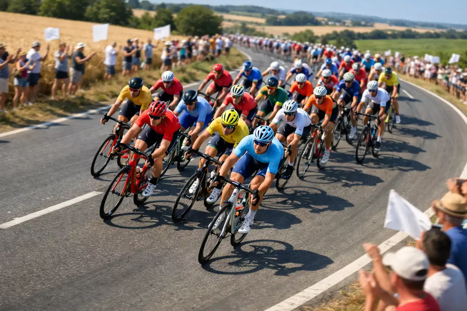 Peloton wielrenners in volle actie tijdens een Tour de France etappe met toeschouwers langs de weg