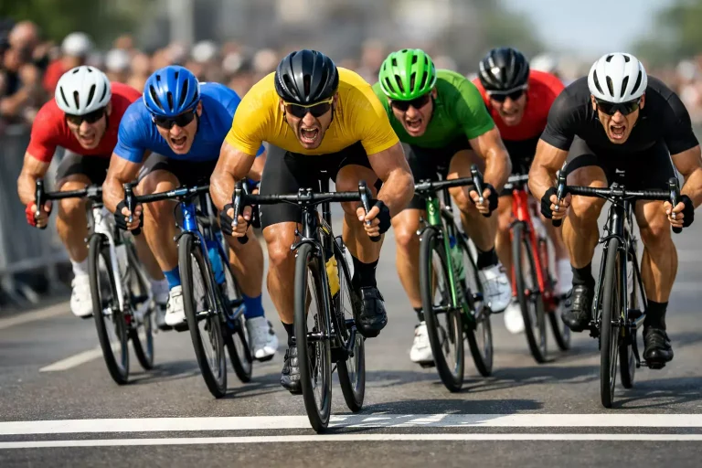 Massasprint van wielrenners op een brede finishstraat tijdens de Tour de France