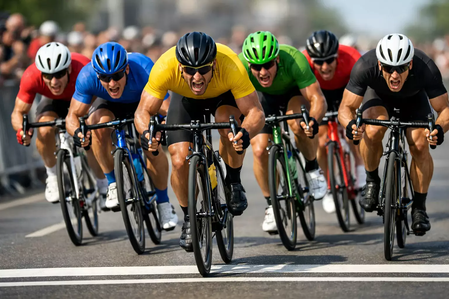Massasprint van wielrenners op een brede finishstraat tijdens de Tour de France