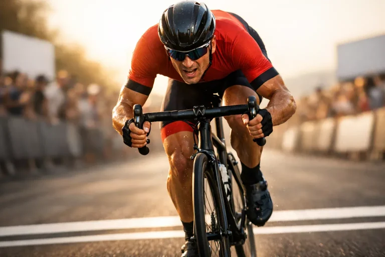 Close-up van een wielrenner die de finishlijn nadert met zonlicht op de weg