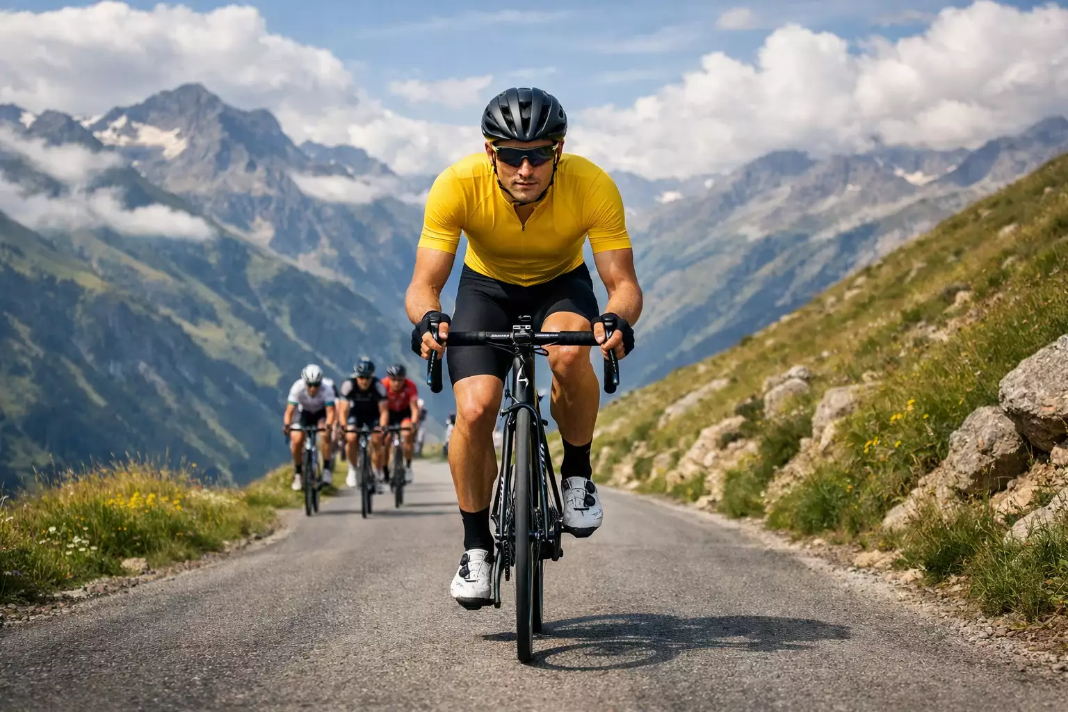 Wielrenner in het geel rijdt alleen vooruit op een bergweg tijdens de Tour de France