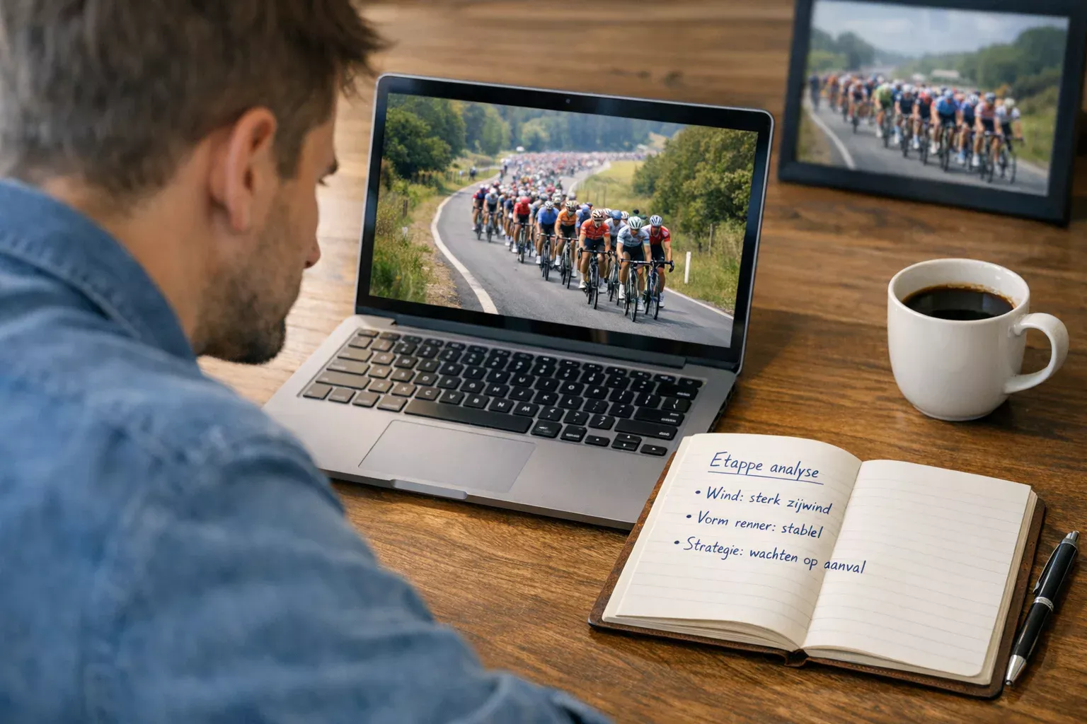 Persoon bestudeert wielrenwedstrijden op een laptop met notitieblok ernaast