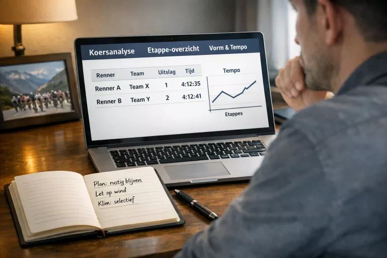 Persoon analyseert wielrenstatistieken op een laptop met koersdata op het scherm