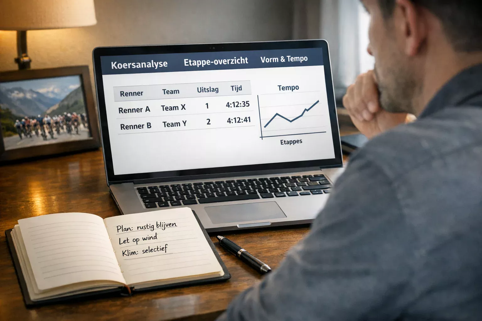 Persoon analyseert wielrenstatistieken op een laptop met koersdata op het scherm