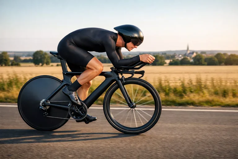 Wielrenner in aerodynamische houding op een tijdritfiets tijdens een individuele tijdrit
