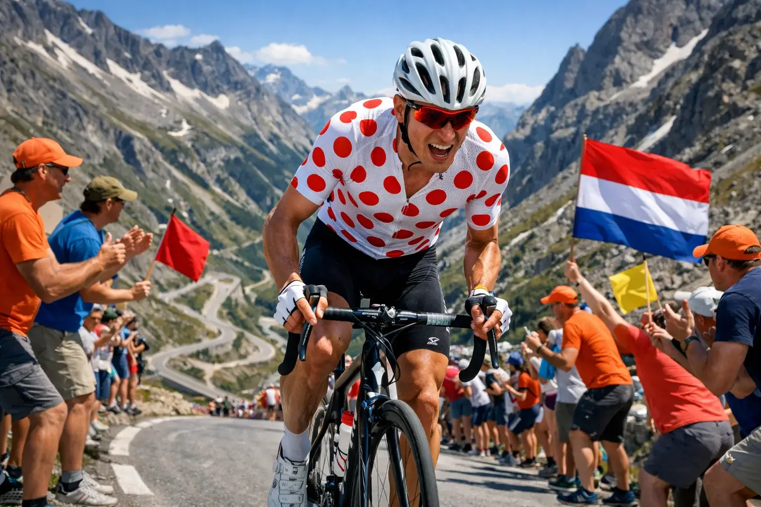 Wielrenner in bolletjestrui beklimt steile col in de Alpen