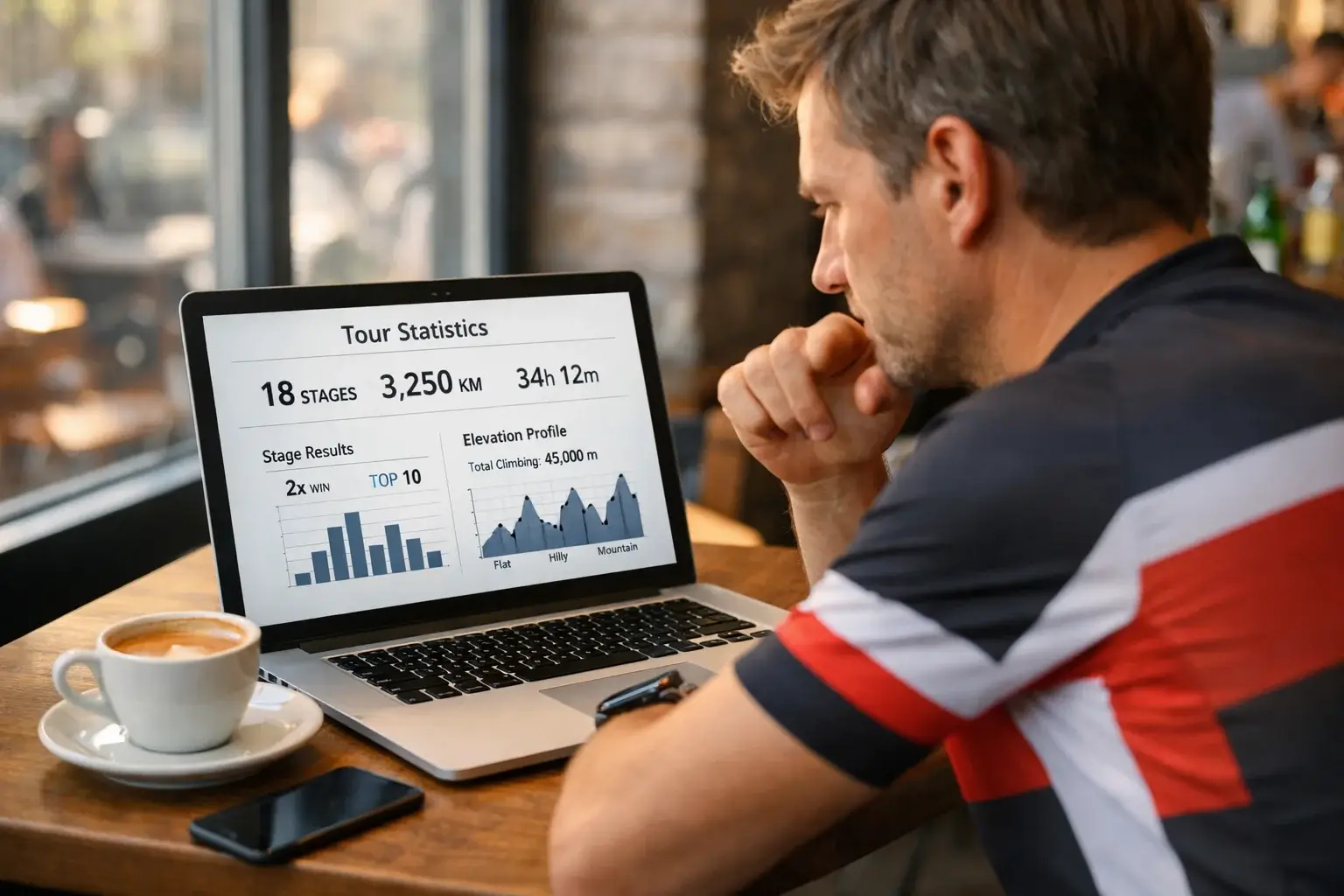 Wielrenfan analyseert Tour statistieken op laptop met koffie