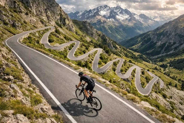 Wielrenner beklimt een steile bergpas in de Alpen tijdens de Tour de France
