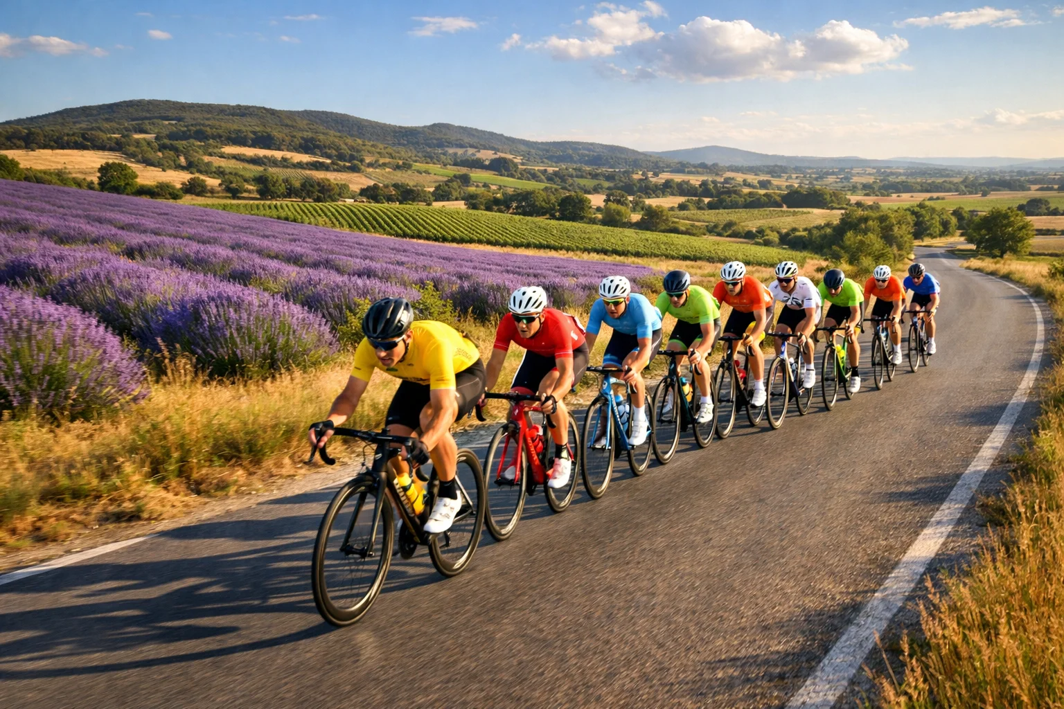 Peloton van wielrenners in de Tour de France rijdt door Frans landschap