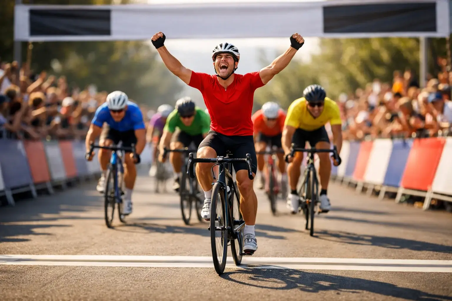 Sprintersfinish van Tour de France etappe met juichende renner