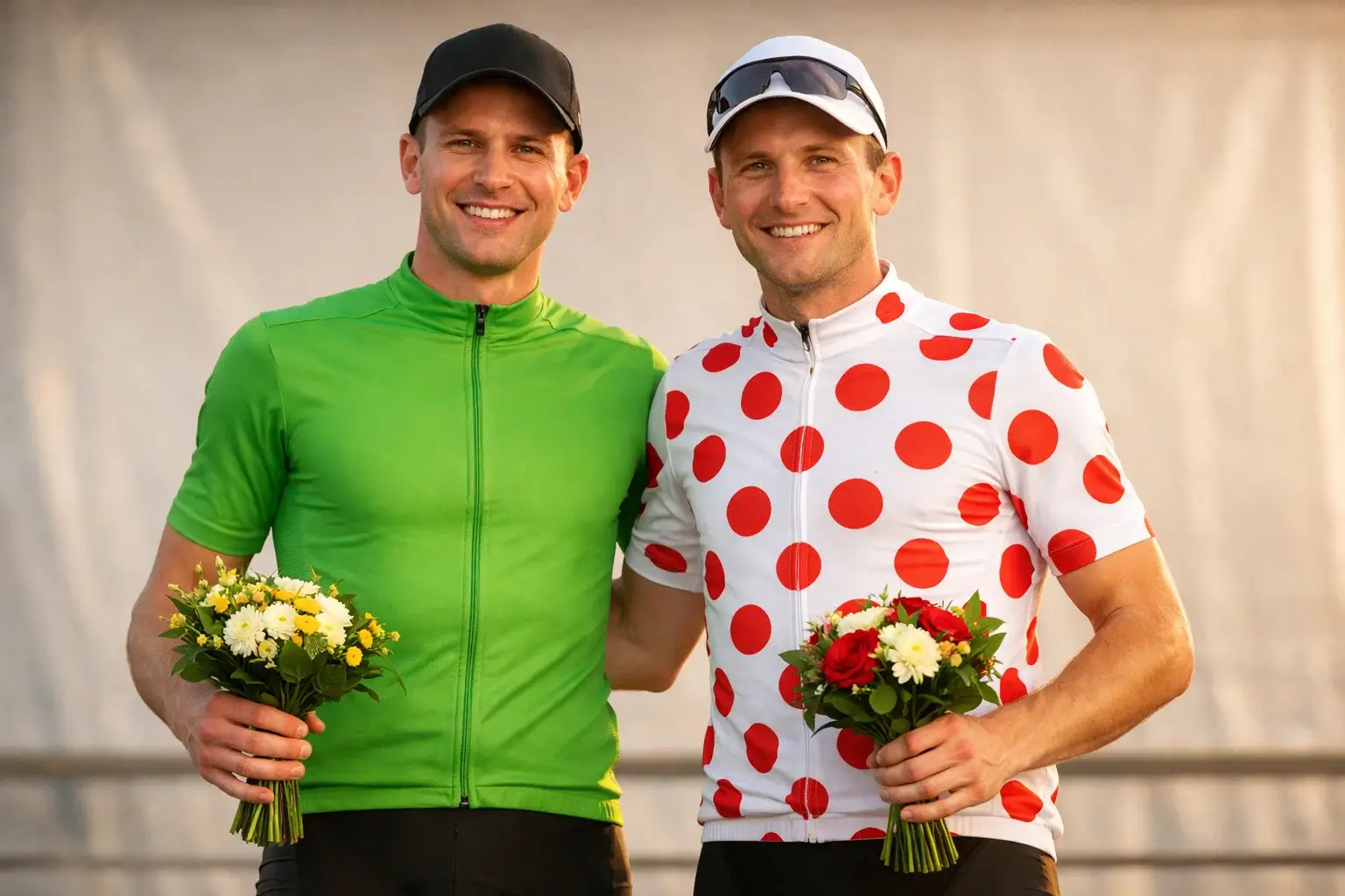 Groene trui en bolletjestrui dragers naast elkaar op Tour podium