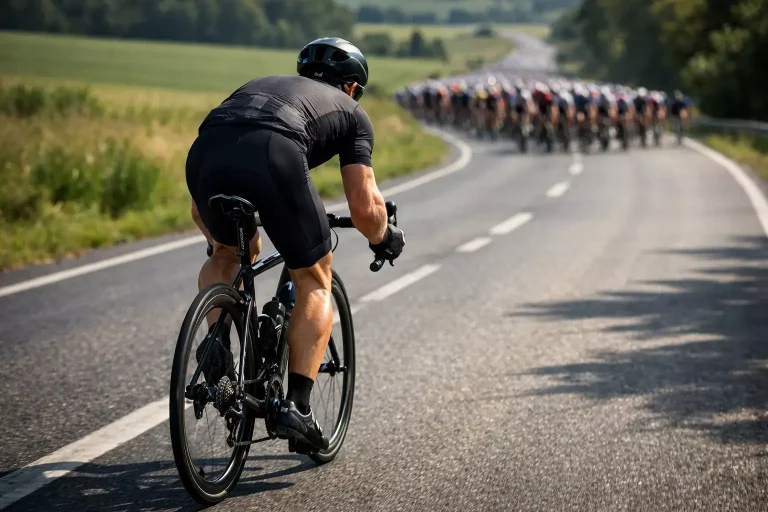 Wielrenner ontsnapt solo uit het peloton tijdens een professionele wielerwedstrijd