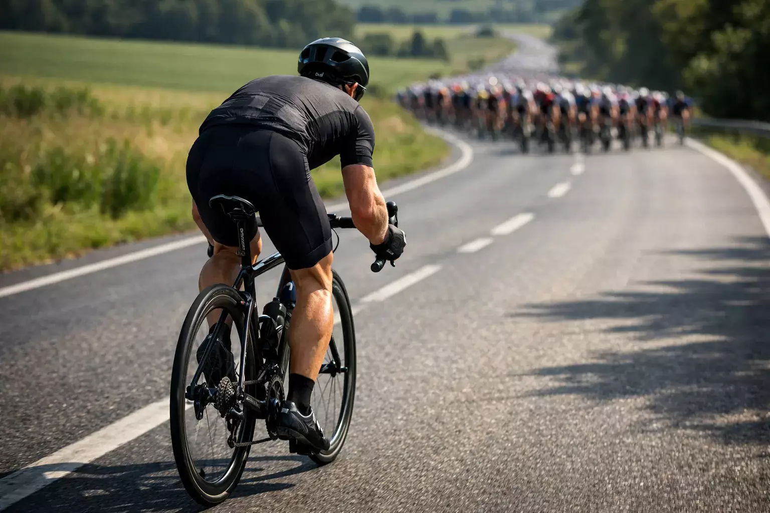 Wielrenner ontsnapt solo uit het peloton tijdens een professionele wielerwedstrijd
