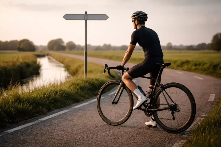 Wielrenner op een rustige weg met een beschermend handgebaar als symbool voor verantwoord gokken