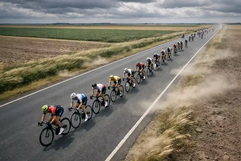 Wielrenpeloton in waaierformatie op een open vlakte met sterke zijwind