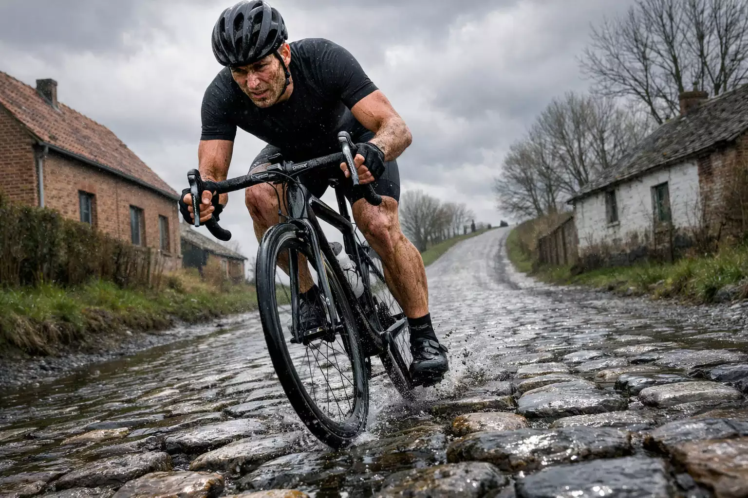 Wielrenner rijdt over kasseien tijdens een voorjaarsklassieker in Vlaanderen