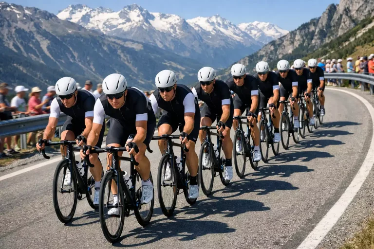 Wielrenploeg rijdt in formatie op kop van het peloton tijdens een Tour de France etappe