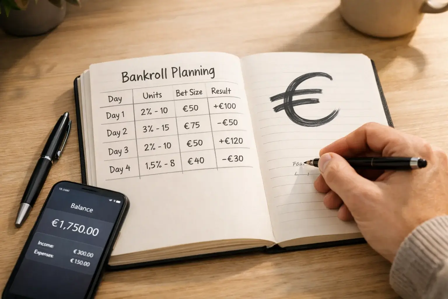 Notitieboek met bankrollplanning en eenheden berekening
