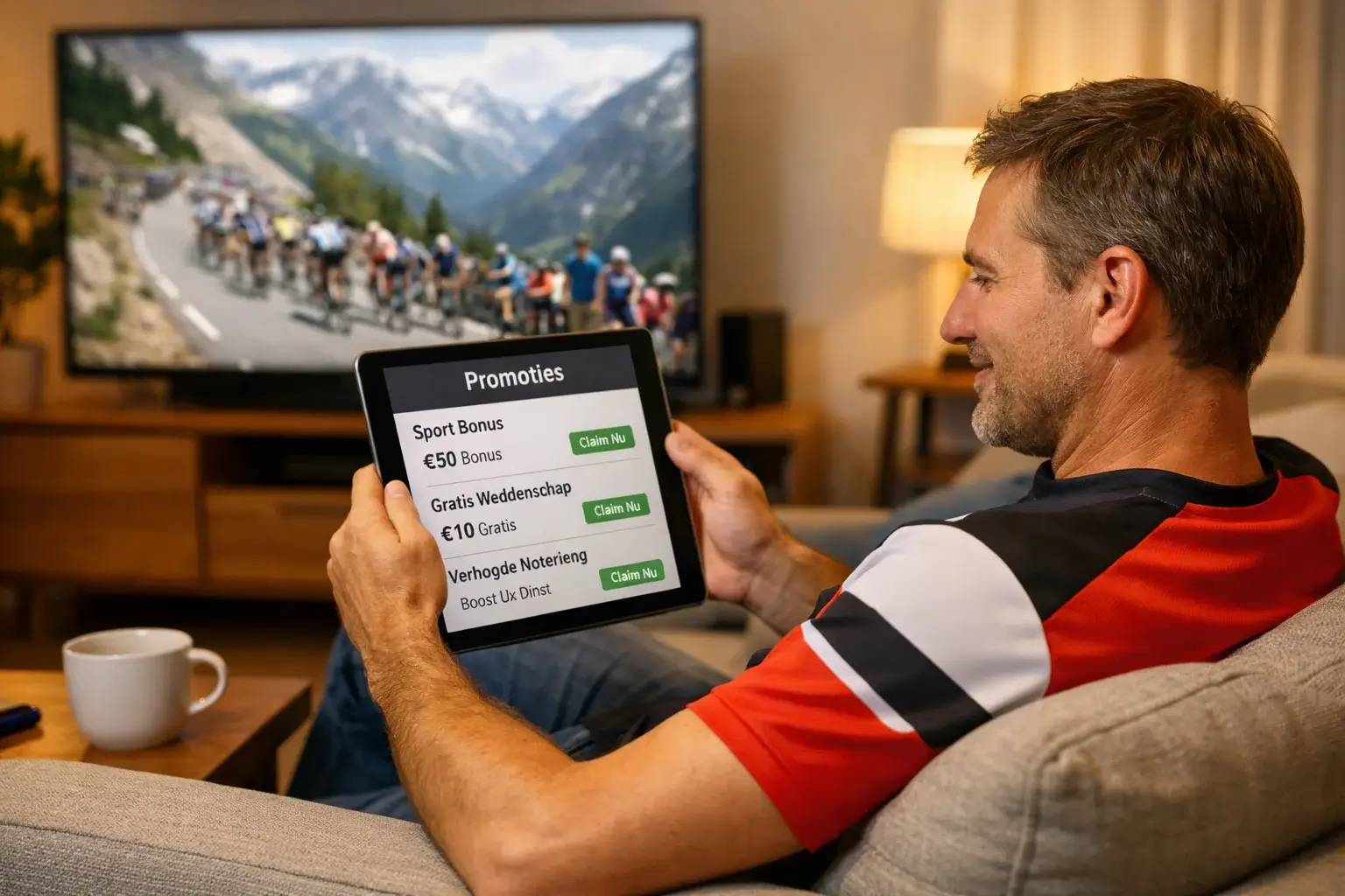 Wielrenfan bekijkt bonusaanbiedingen op tablet tijdens Tour etappe