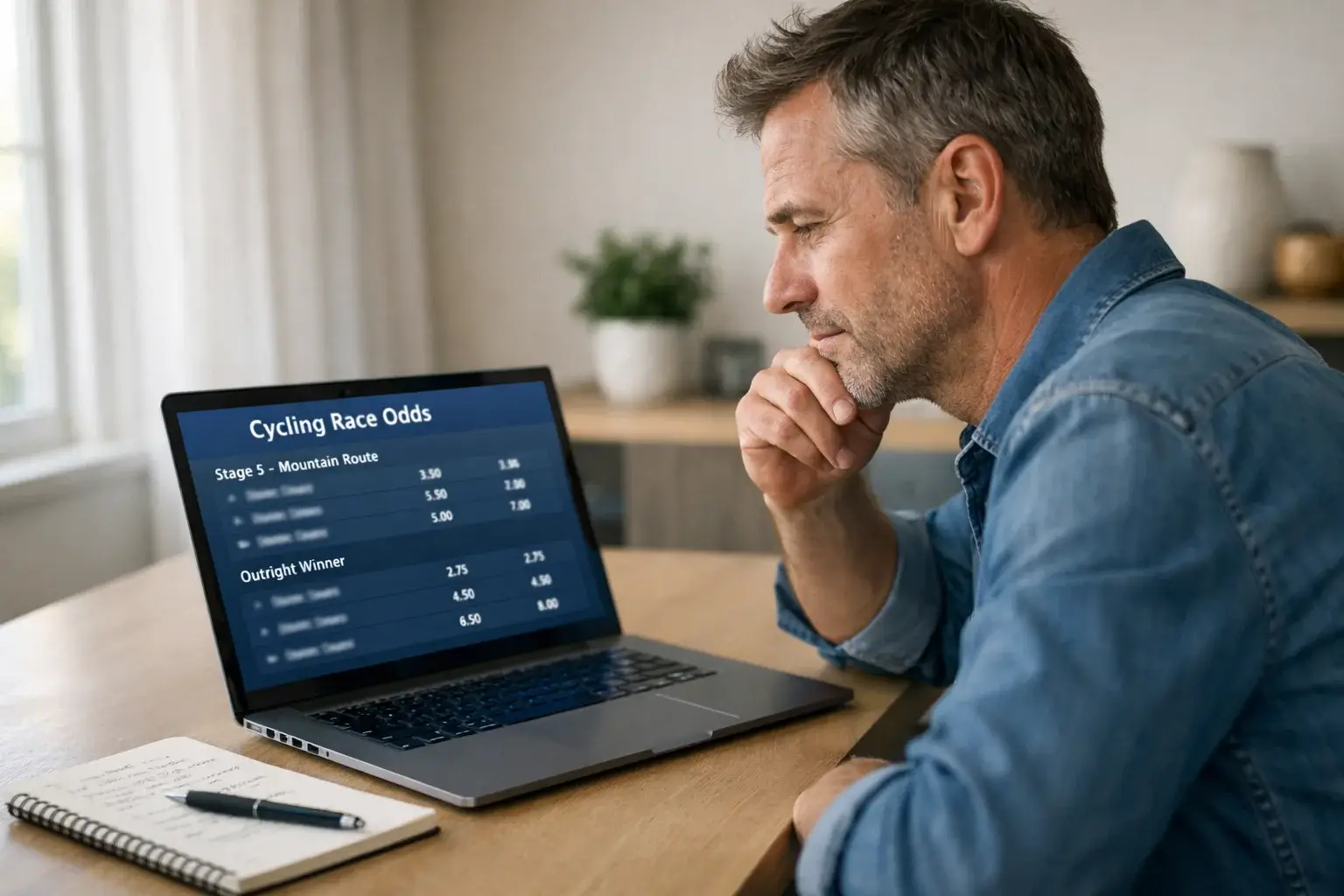 Man vergelijkt wielrennen odds op laptop met notitieblok