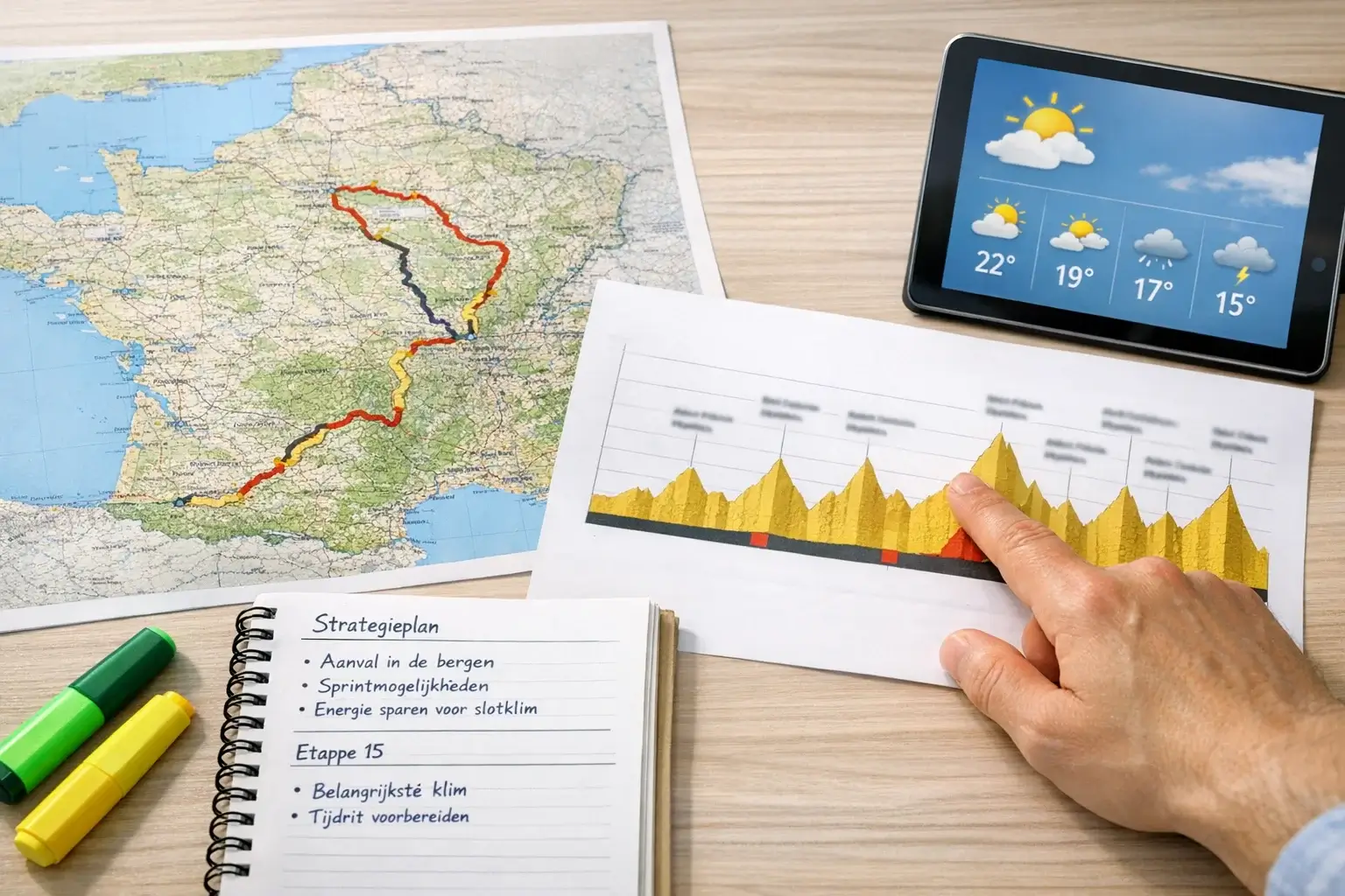 Kaart met Tour de France parcours en hoogteprofiel