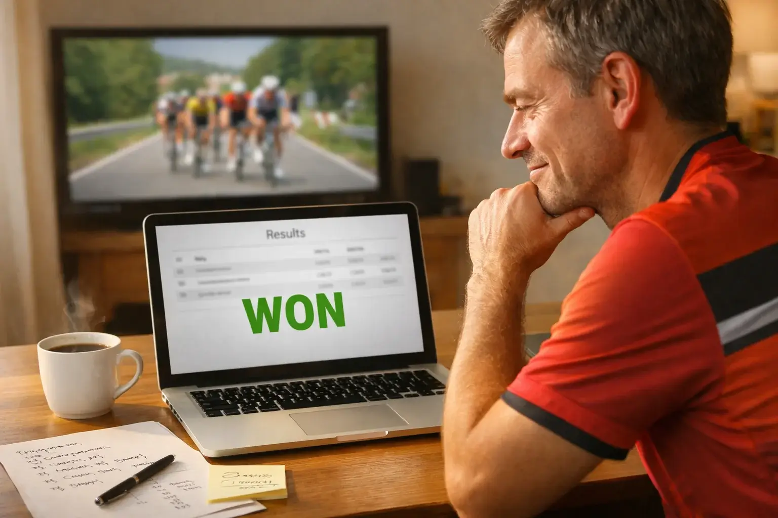 Tevreden wielrenfan bekijkt winnende weddenschap op laptop