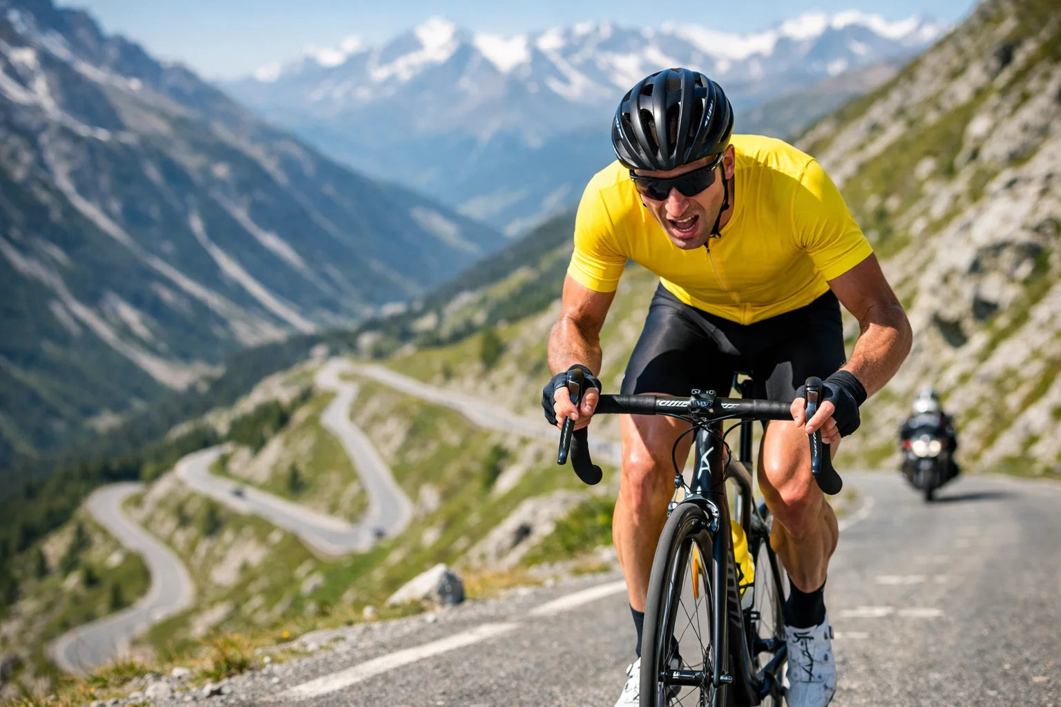 Wielrenner in gele trui tijdens bergrit in de Tour de France