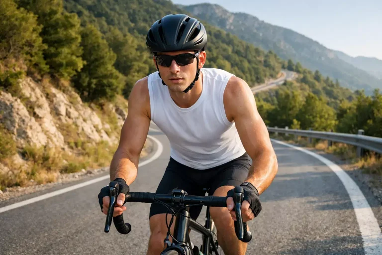 Jonge wielrenner in de witte trui klimt bergop tijdens de Tour de France